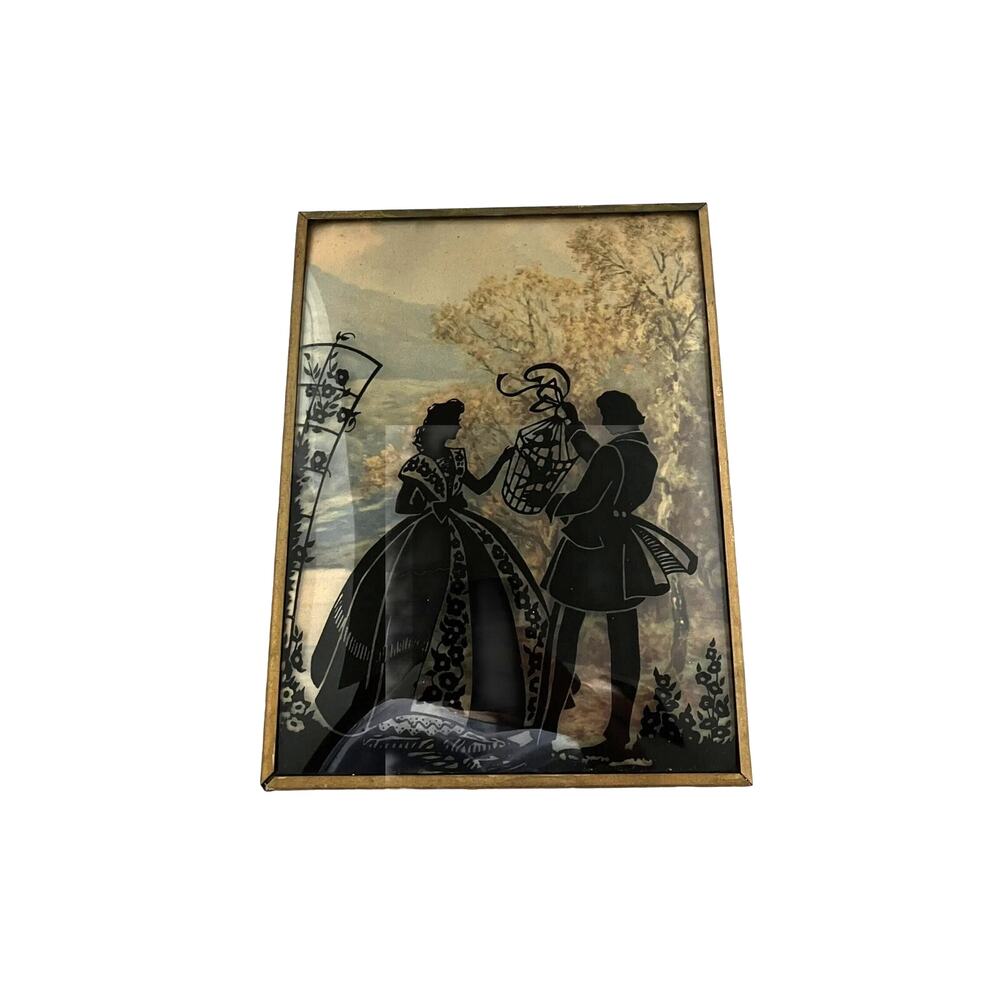 Silhouette Bubble Glass Art Antique Man Woman Birdcage Scene 6x8in Bronze Frame